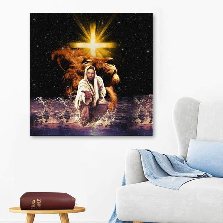 Christian wall art: The Lion of Judah, Jesus reaching out his hand canvas print