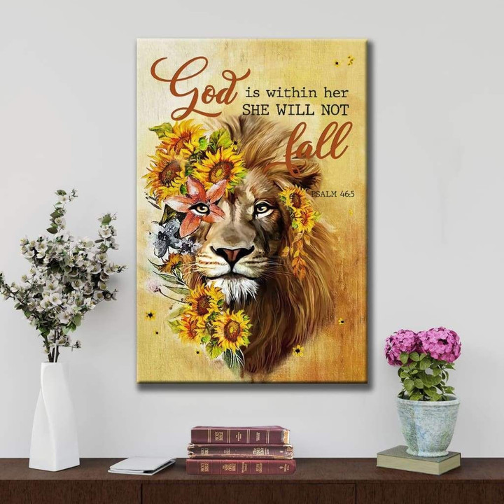God is within her she will not fall Psalm 46:5 sunflower lion canvas print wall art
