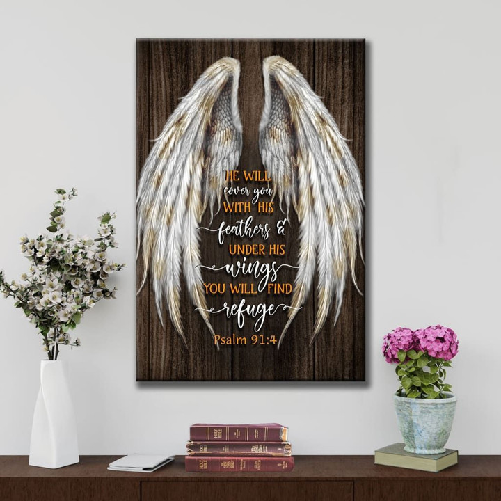 He will cover you with his feathers Psalm 91:4 Bible verse wall art canvas print