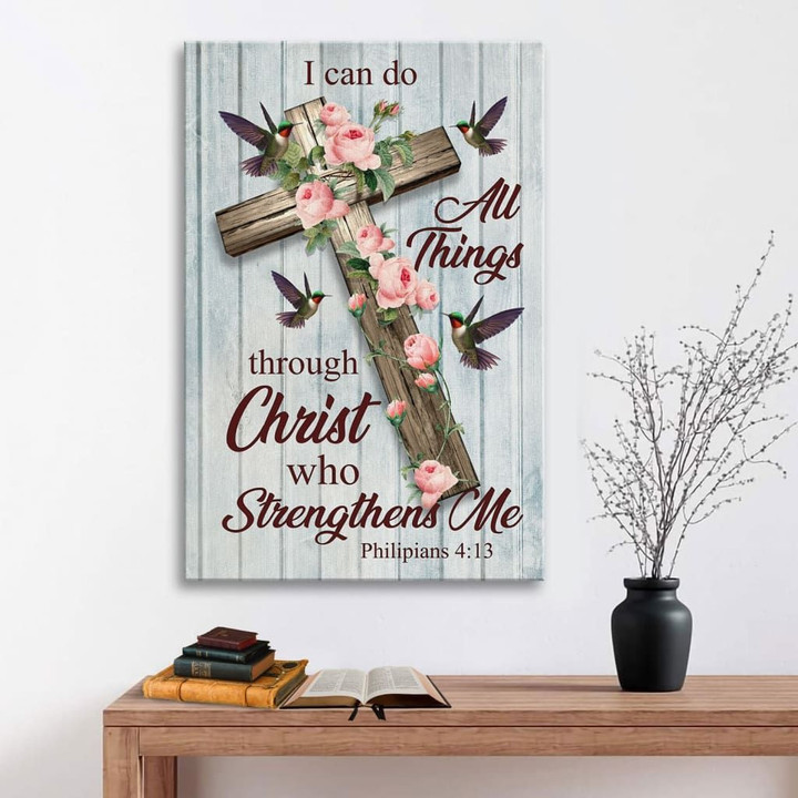 Philippians 4:13 with flower cross canvas wall art