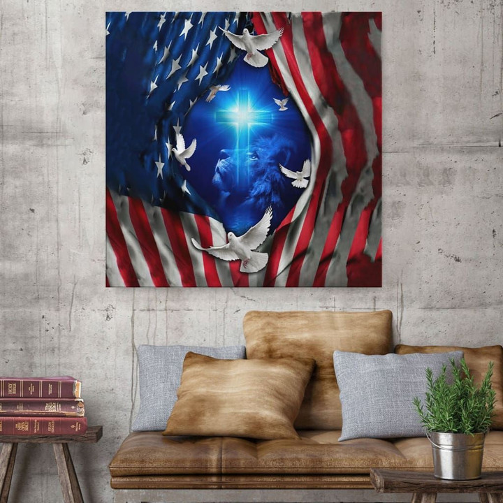 Jesus lion American flag of faith Wall Art Canvas