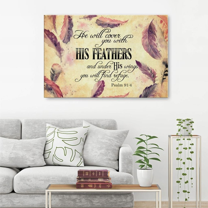 Bible verse wall art: Psalm 91:4 NIV He will cover you with his feathers canvas print