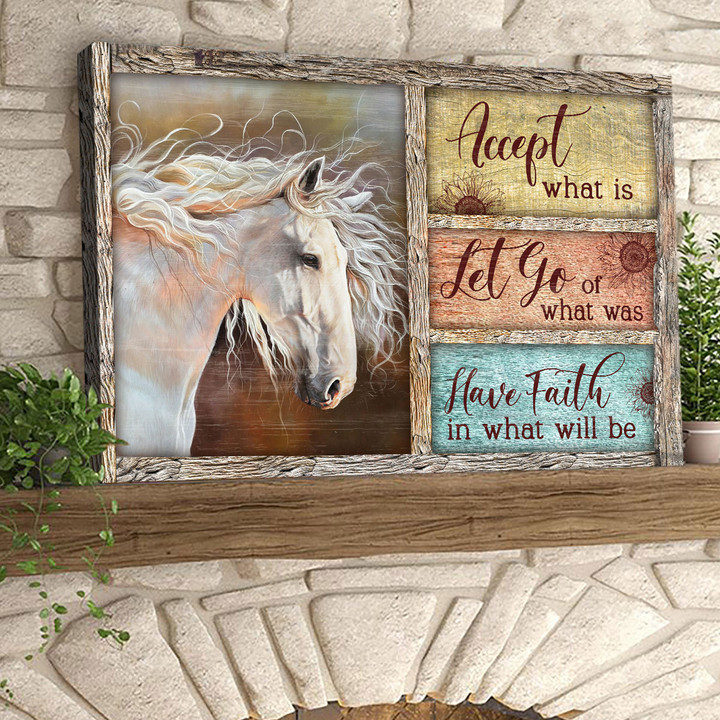 Beautiful white horse, Wooden frame, Pastel background, Have faith in what will be - Jesus Landscape Canvas Prints, Wall Art