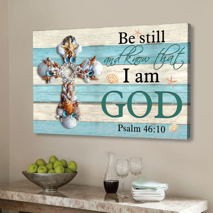 Seashell cross Be still and know Psalm 46:10 wall art canvas