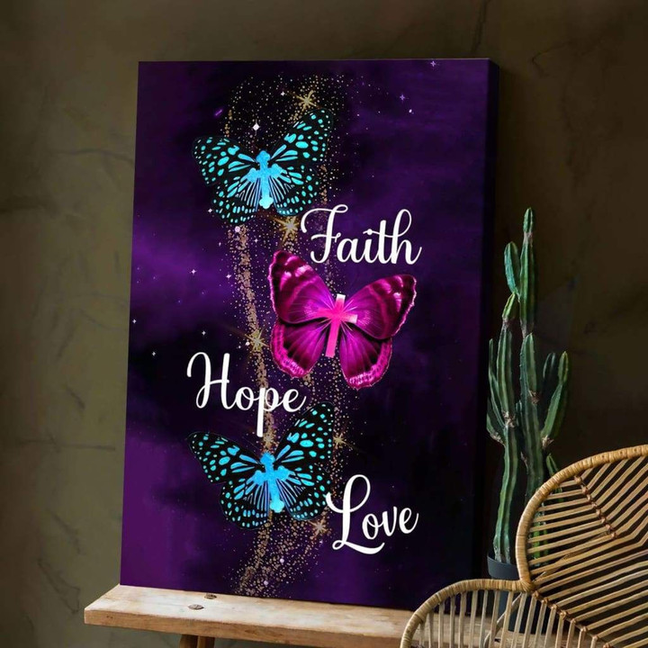 Christian wall art: Faith Hope Love Butterfly with cross canvas art