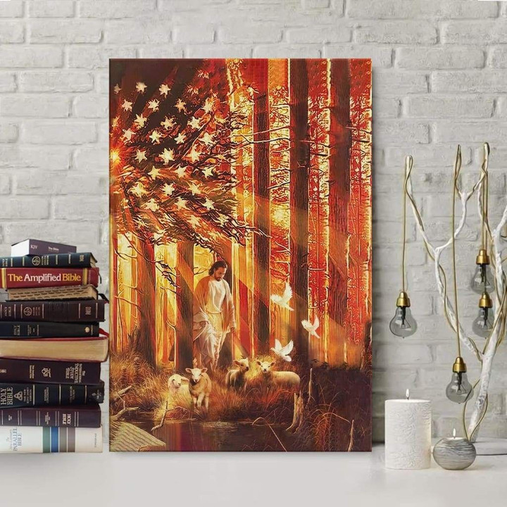 Jesus walking in forest with the lambs American flag canvas wall art