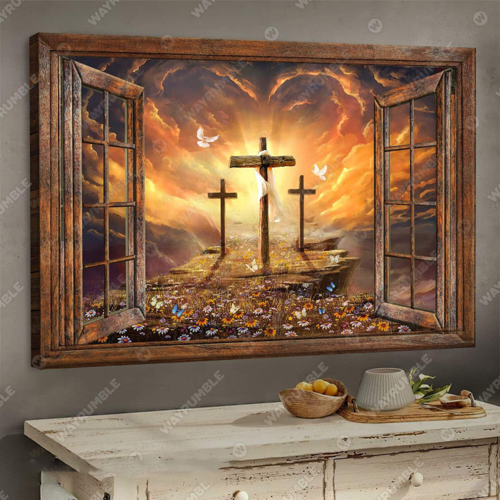 Window frame, Sunset painting, Path to heaven, The three crosses - Jesus Landscape Christian Canvas, Bible Canvas, Jesus Canvas Wall Art Ready To Hang Prints, Wall Art