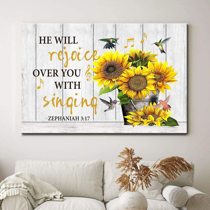 Zephaniah 3:17 He will rejoice over you with singing Bible verse wall art canvas