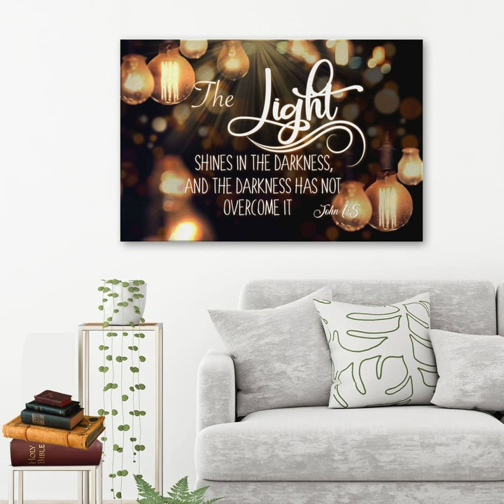 The light shines in the darkness John 1:5 Bible verse wall art canvas