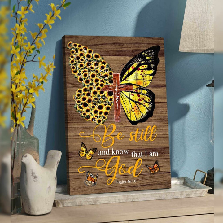 Faith cross sunflower butterfly Be still Psalm 46:10 wall art canvas