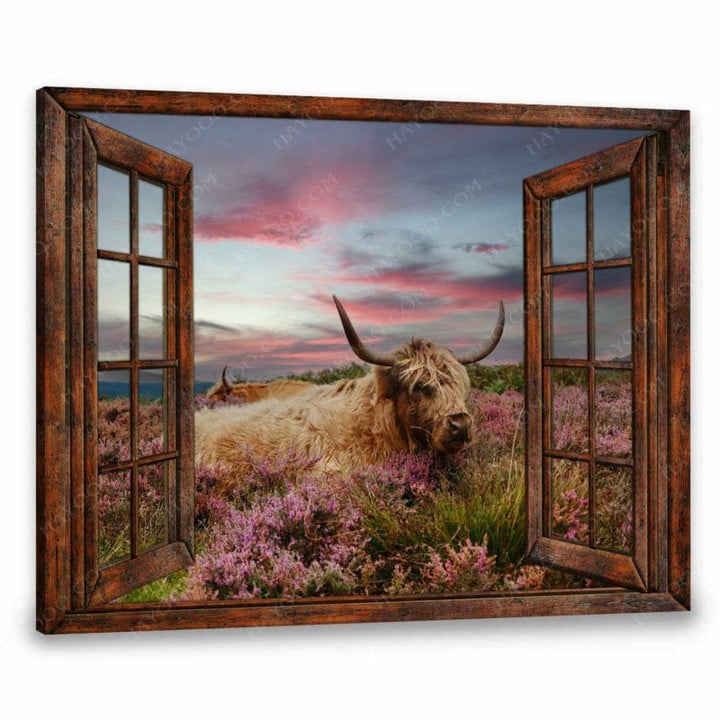 Gossvibe Faux Window Canvas Cute Highland Cow Wall Art For Farmhouse Decor - Farmhouse