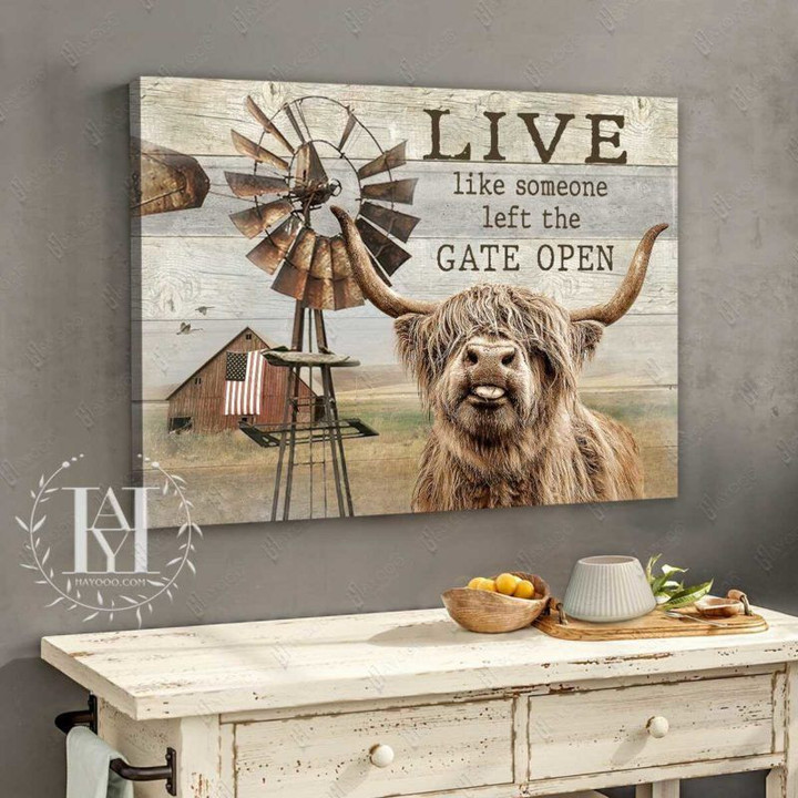 Gossvibe Cute Highland Long Hair Cow With Rustic Windmill And Barn On Field Canvas Wall Art Live Like Someone Left The Gate Open - Farmhouse