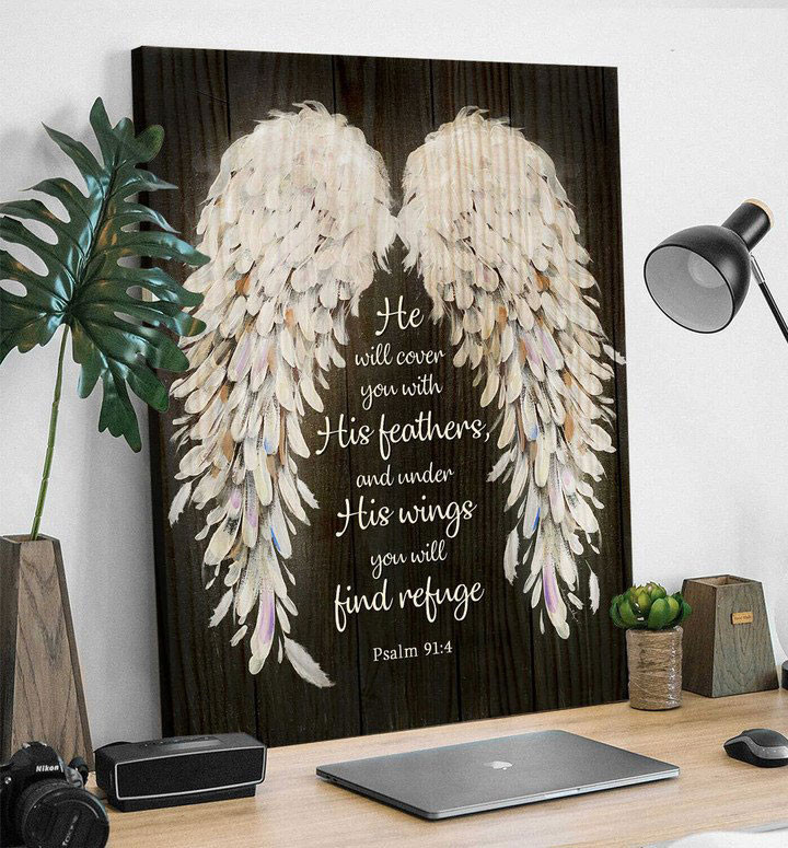 He Will Cover You With His Feathers Angel Wings Canvas Bible Verse Wall Art - Personalized Sympathy Gifts - Spreadstore