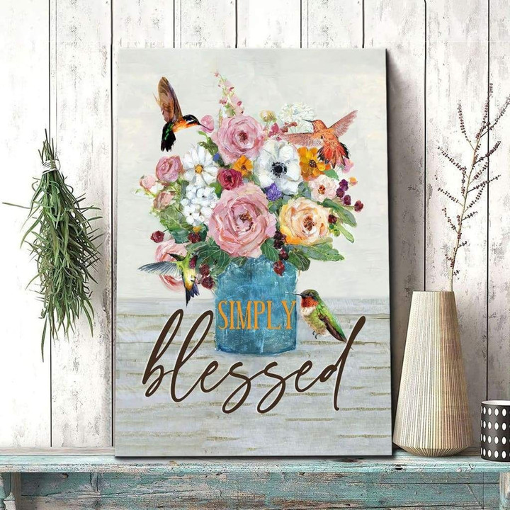 Simply blessed hummingbird flower Christian wall art canvas