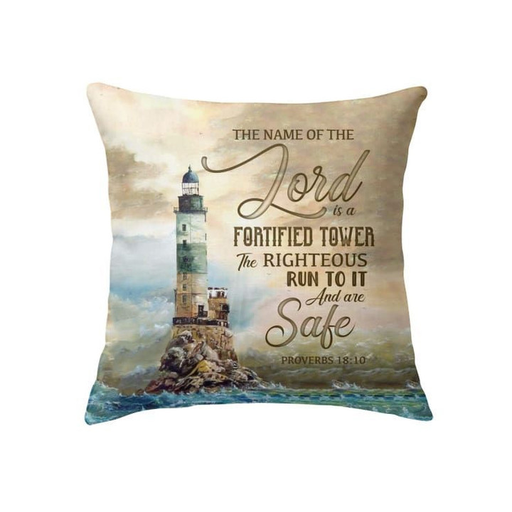 The name of the lord is a fortified tower Proverbs 18:10 Bible verse pillow - Christian pillow, Jesus pillow, Bible Pillow - Spreadstore