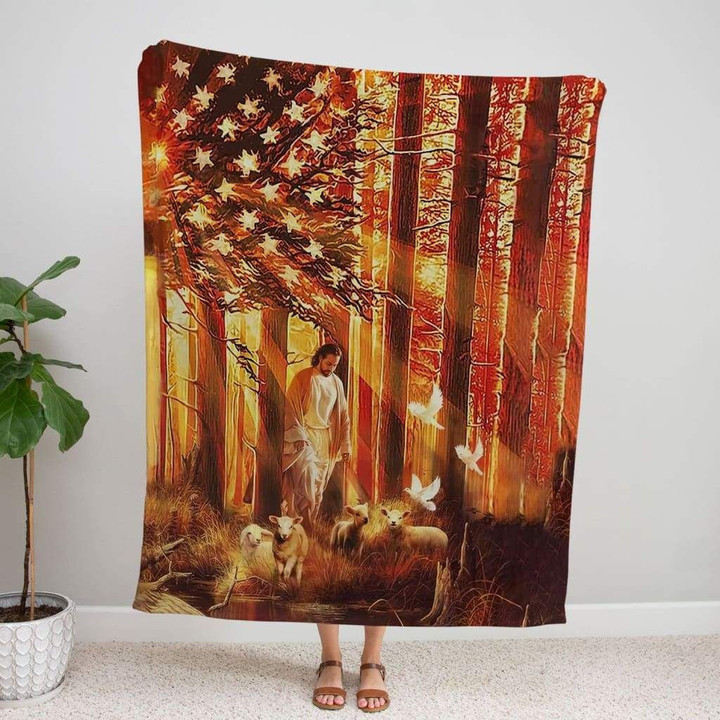 Jesus walking in forest with the lambs Christian blanket - Gossvibes
