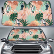 Couple Of Parrots And Flamingo Monstera Leaf Over Orange Leopard Skin Pattern Car Sun Shades Cover Auto Windshield