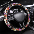 Abstract Seamless Trendy Pattern With Black Lotus Printed Car Steering Wheel Cover