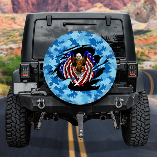 Army Veteran American Flying Eagle Blue Tone Cow Pattern Car Spare Tire Cover