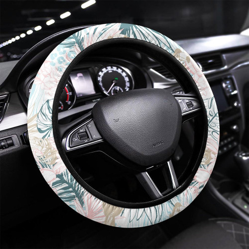 Seamless Pattern Ink Hand Drawn Tropical Palm Printed Car Steering Wheel Cover