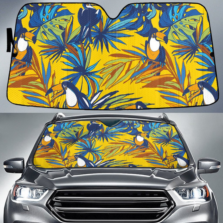 Blue Cute Parrots Landing On Acera Leaf Yellow Theme Car Sun Shades Cover Auto Windshield