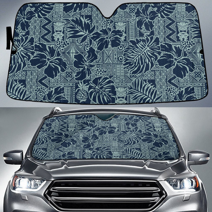 Blue Hawaiian Hibiscus Flower Over Vintage Tribal Pattern Car Sun Shades Cover Auto Windshield