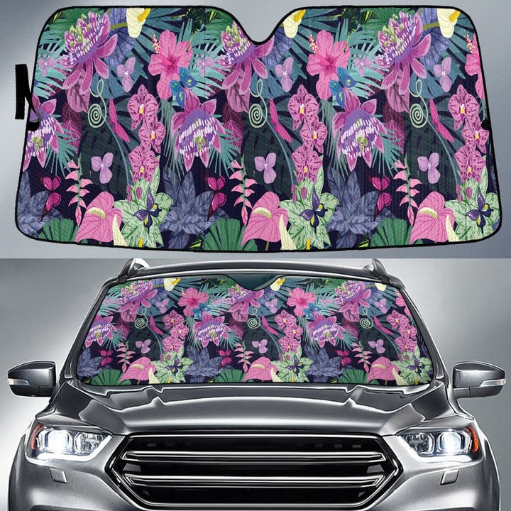 Pink Famingo Orchid Hibiscus Flower Tropical Vibe Car Sun Shades Cover Auto Windshield