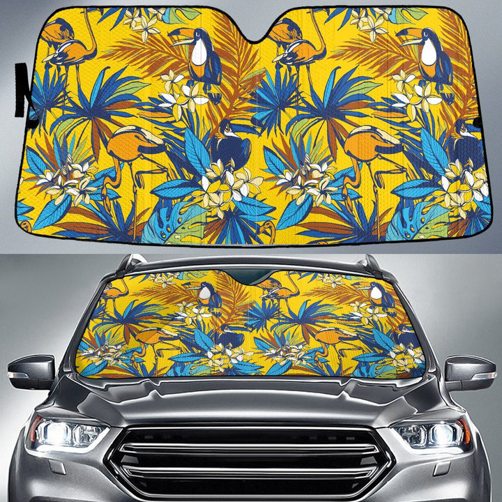 Colorful Parrots And Flamingo Blue Tropical Leaves Pattern Car Sun Shades Cover Auto Windshield