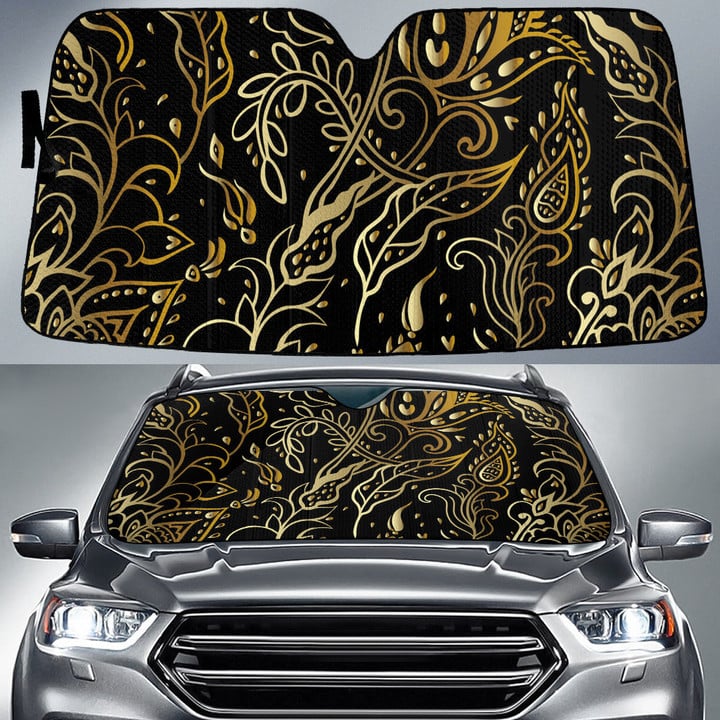 Black Gold Vintage Leaf Paisley Pattern Illustration Texture Car Sun Shades Cover Auto Windshield