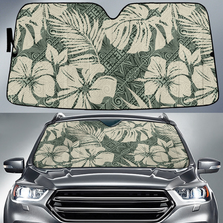 White Hawaiian Hibiscus Flower Over Green Tribal Pattern Car Sun Shades Cover Auto Windshield