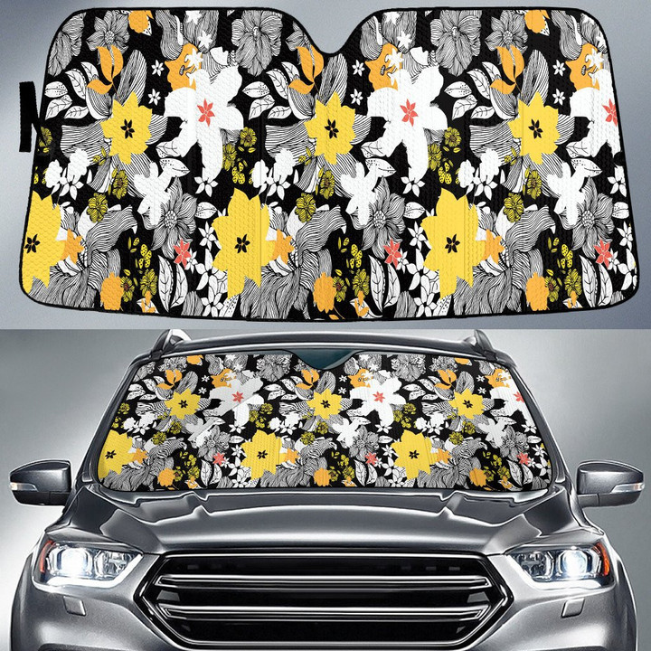 White And Yellow Hawaiian Hibiscus Flower Hand Drawing Car Sun Shades Cover Auto Windshield