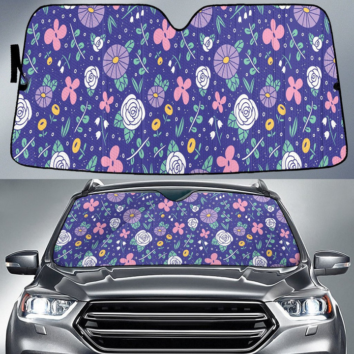 White Roses Over Flowers Cartoon Style Blue Car Sun Shades Cover Auto Windshield