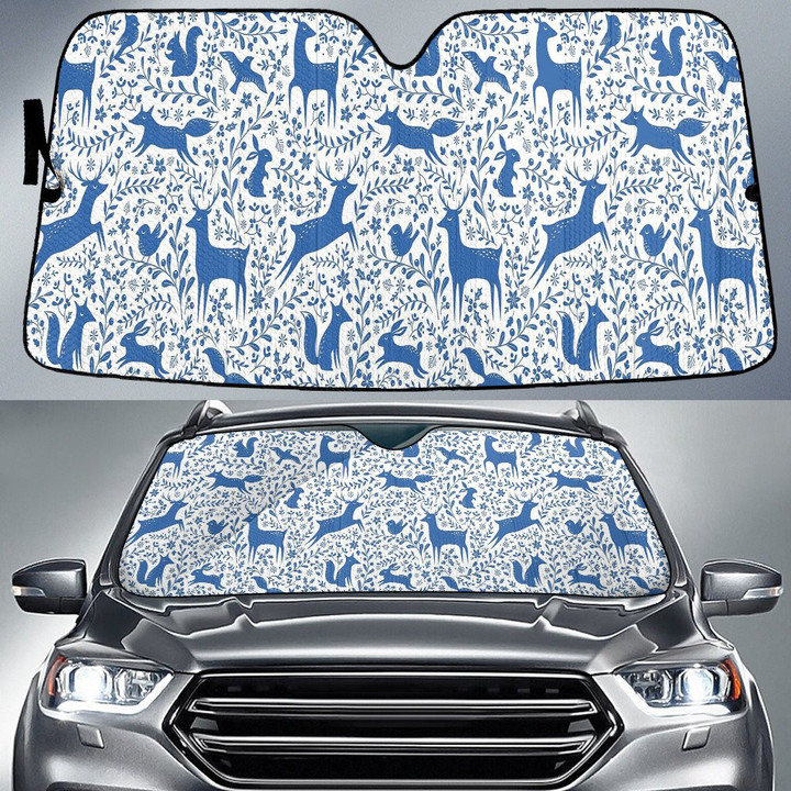 Stylized Jumping Deer In Blue Car Sun Shades Cover Auto Windshield