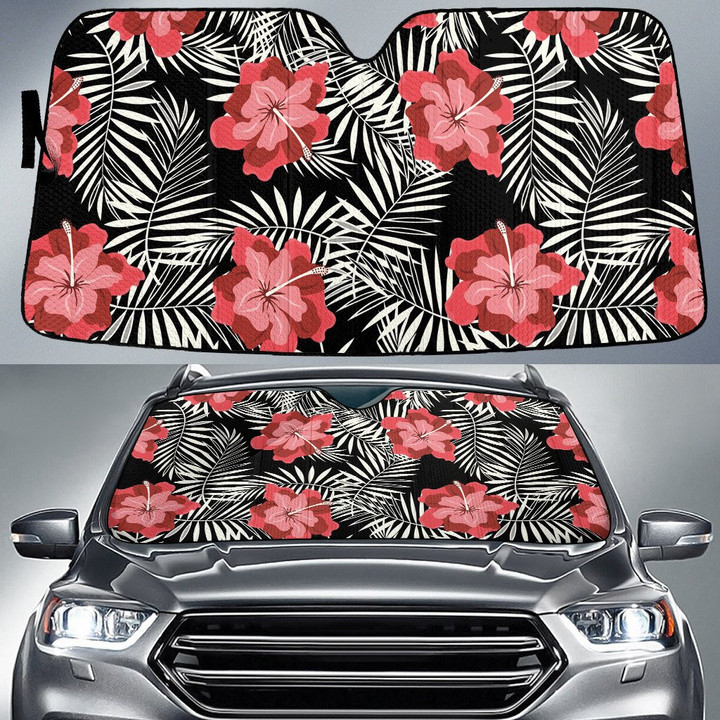 Red Hawaiian Hibiscus Flower And White Classic Palm Leave Car Sun Shades Cover Auto Windshield