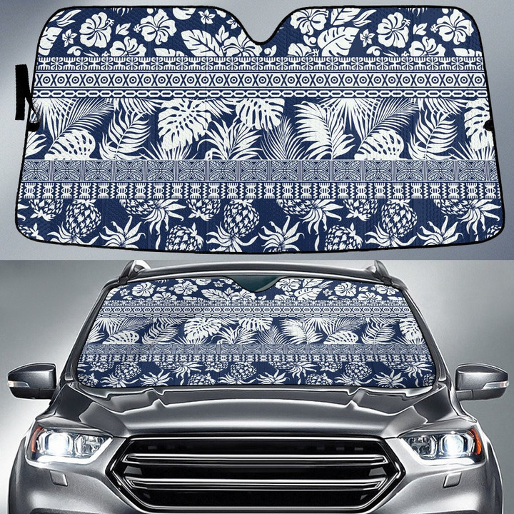 Pineapple And Hibiscus Flower And Tropical Leave Straight Line Car Sun Shades Cover Auto Windshield