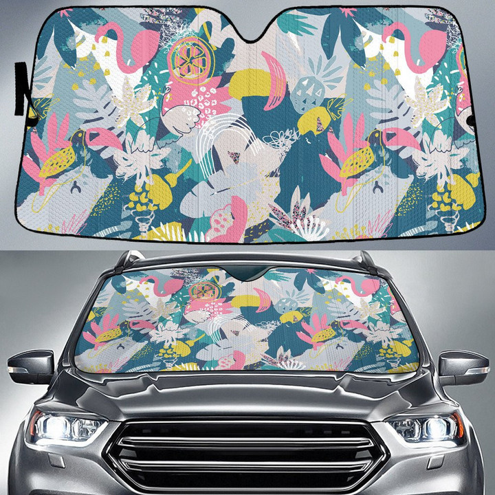 Pink Flamingo Animal Acera Tropical Leaf Colorful Drawing Style Car Sun Shades Cover Auto Windshield