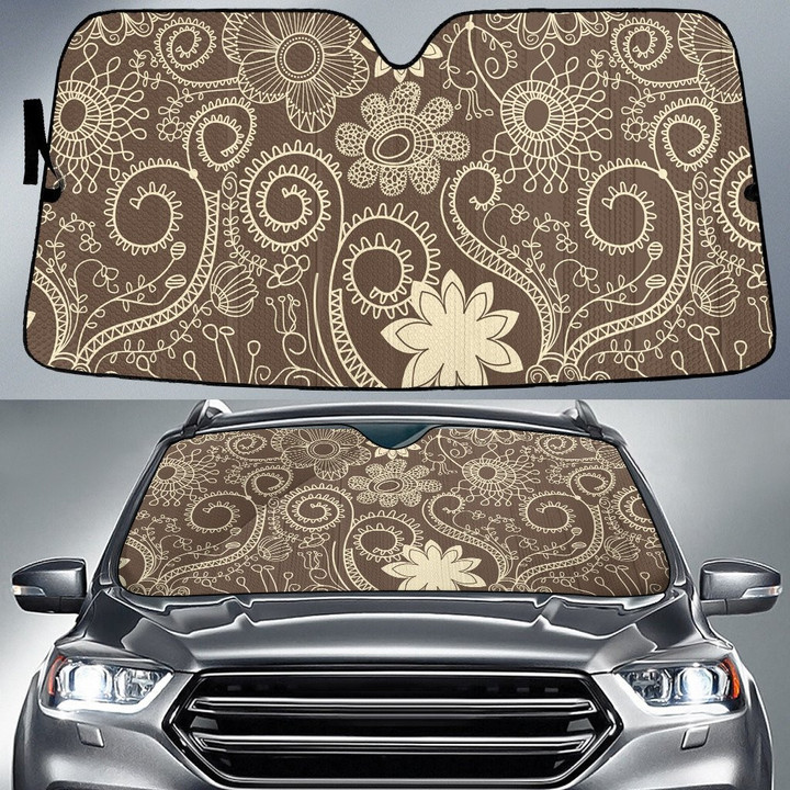Brown And Yellow Line Flower Plant Car Sun Shades Cover Auto Windshield