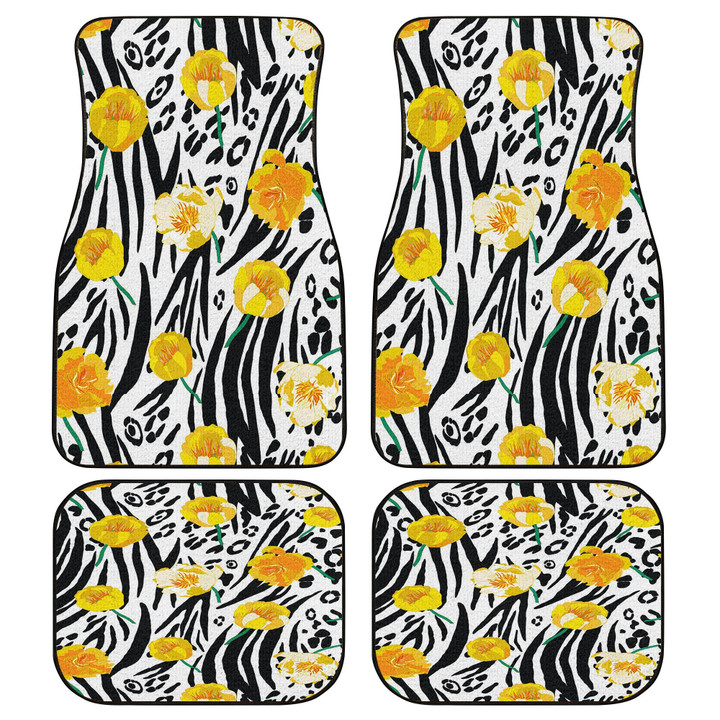 Yellow Damask Rose Leopard And Zebra Skin Texture All Over Print Car Floor Mats