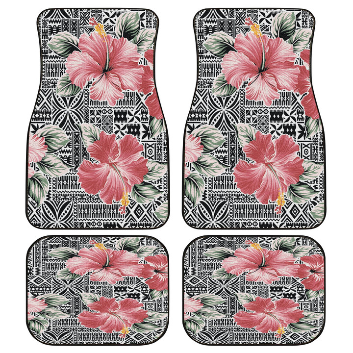 Red Hawaiian Hibiscus Flower Over Black White Tribal Pattern All Over Print Car Floor Mats