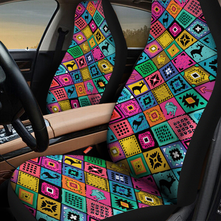 Buffalo And Deer Animal Colorful Checkered Board All Over Print Car Seat Cover