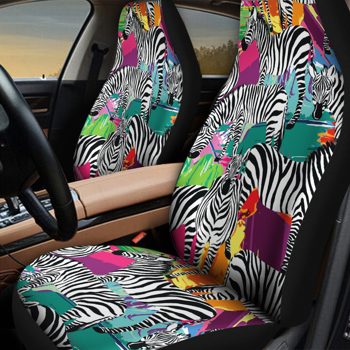 Colorful Zebra Animal In The Zoo Green Grass All Over Print Car Seat Cover