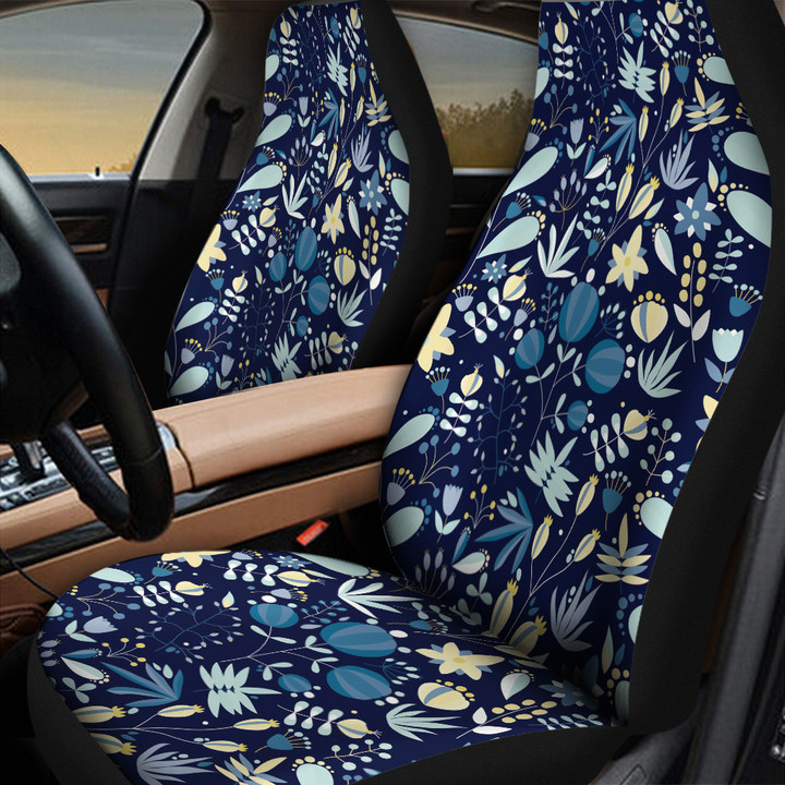 Stylized Cartoon Tropical Flowers Navy Theme All Over Print Car Seat Cover