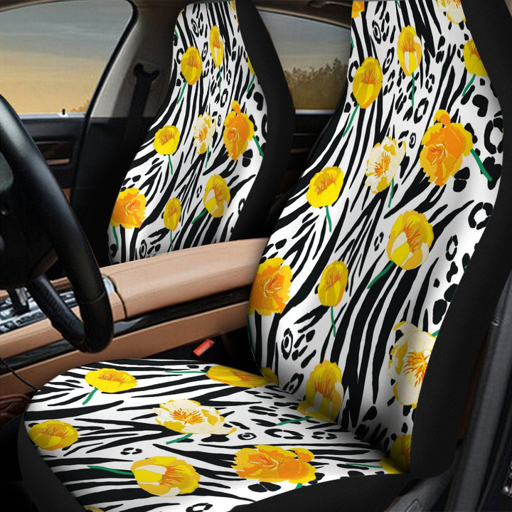 Yellow Damask Rose Leopard And Zebra Skin Texture All Over Print Car Seat Cover