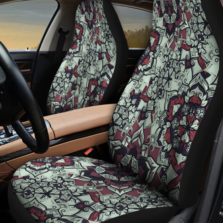 Red Paper Flower Mirrored Pattern Green Theme All Over Print Car Seat Cover