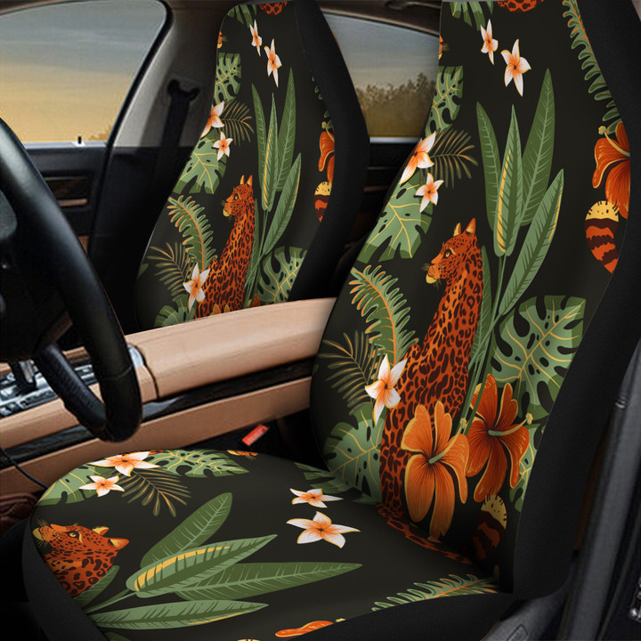 Mighty Cheetah Animal And Orange Hawaiian Hibiscus Flower All Over Print Car Seat Cover