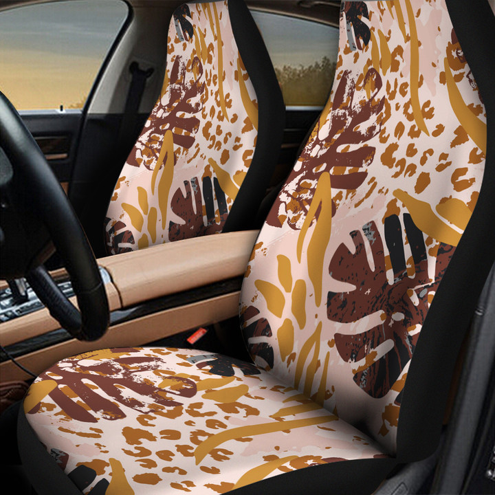 Black Monstera Leaf And Dot Pattern Orange Theme All Over Print Car Seat Cover
