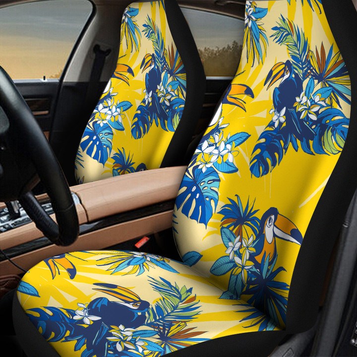 Blue Cute Parrots Landing On Monstera Leaf Yellow Theme All Over Print Car Seat Cover