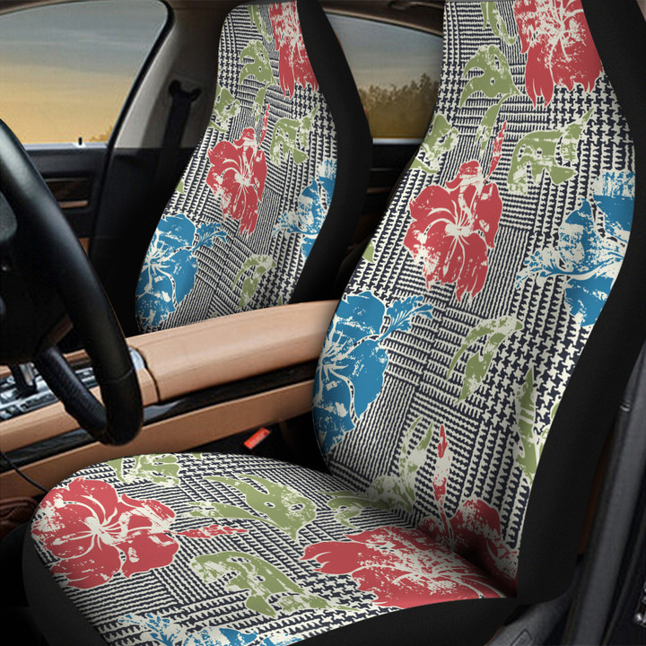 Colorful Hawaiian Hibiscus Flower Houndstooth Tartan Theme All Over Print Car Seat Cover