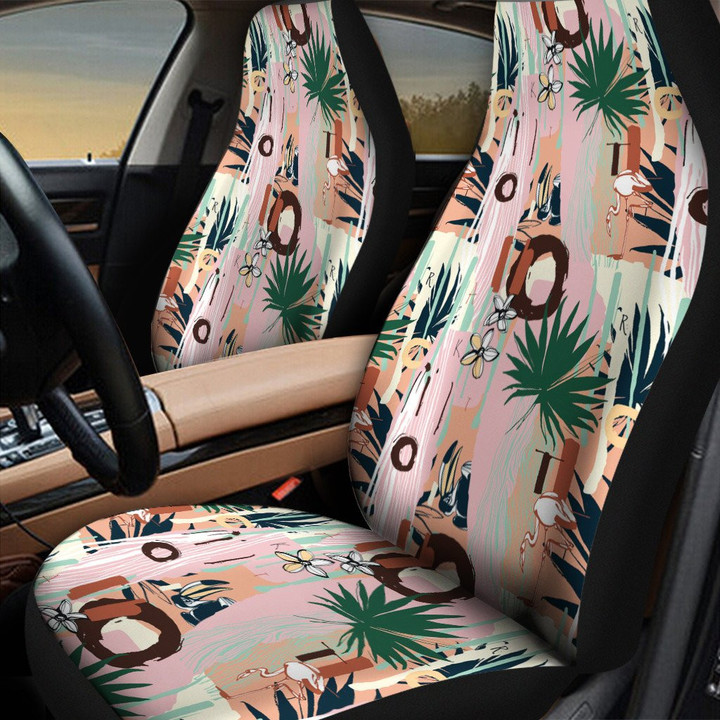 Couple Of Parrots And Flamingo Acera Leaf Over Orange Leopard Skin Pattern All Over Print Car Seat Cover