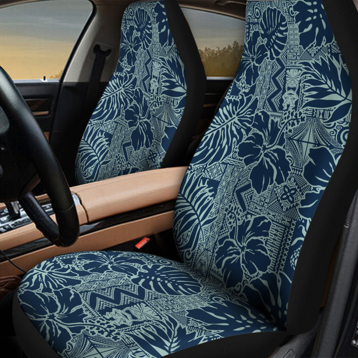 Blue Hawaiian Hibiscus Flower Over Vintage Tribal Pattern All Over Print Car Seat Cover